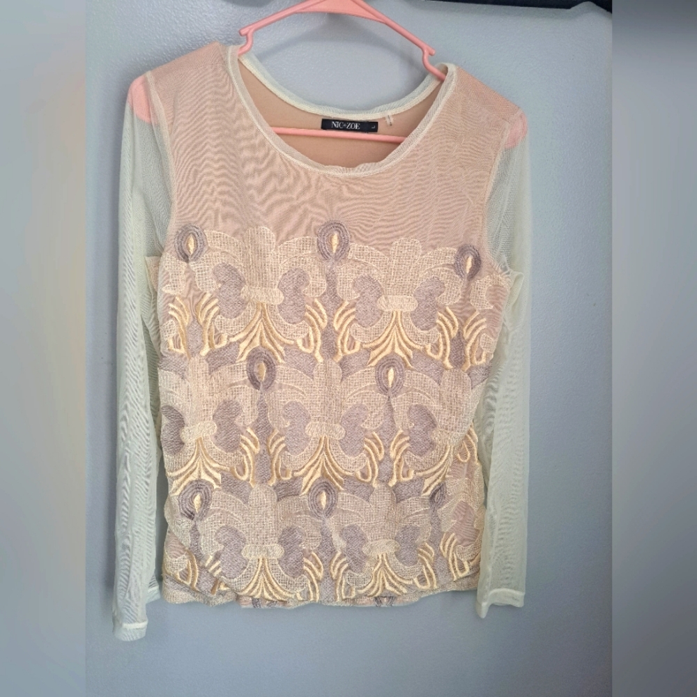 Nic+ Zoe Lace Embrodiered Mesh Cream Gray Hanky Panky Long Sleeve Top Sz Large